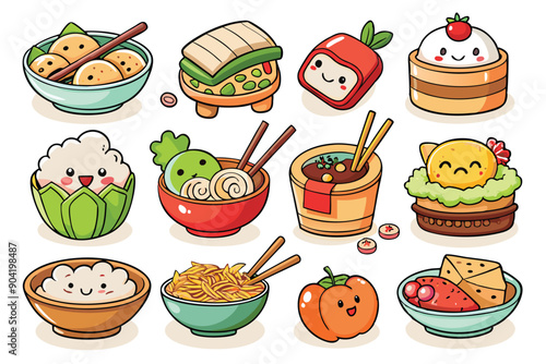 Adorable Cartoon Asian Food Characters in Bowls