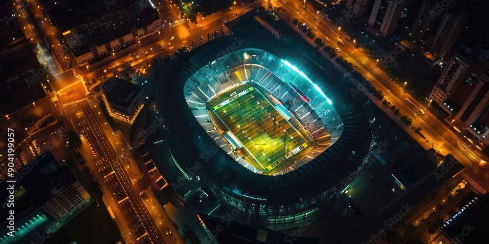 Aerial night shot of the iconic illuminated football. Ai generation. Aerial night shot of the iconic illuminated football. Ai generation.