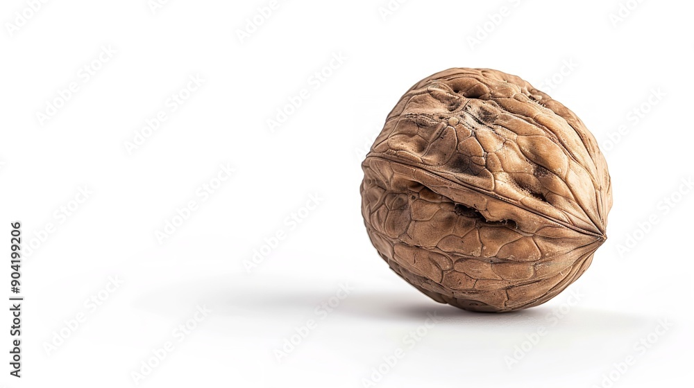 White background with an isolated walnut. With a large copy space and clipping path, Generative AI. White background with an isolated walnut. With a large copy space and clipping path, Generative AI.