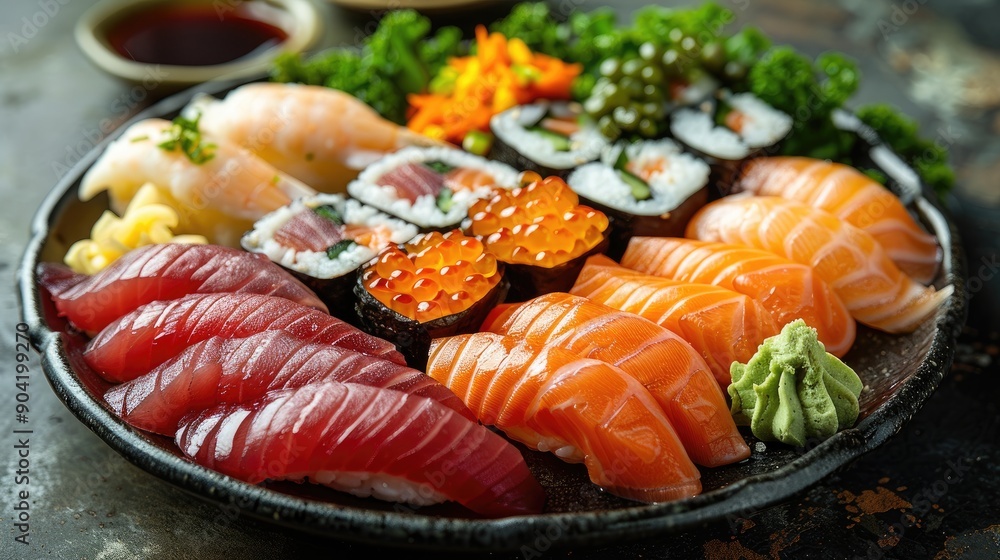 A delectable array of sushi, including nigiri and rolls, arranged with vivid roe and fresh garnishes, highlighting the rich variety and artistic nature of Japanese cuisine. A delectable array of sushi, including nigiri and rolls, arranged with vivid roe and fresh garnishes, highlighting the rich variety and artistic nature of Japanese cuisine.