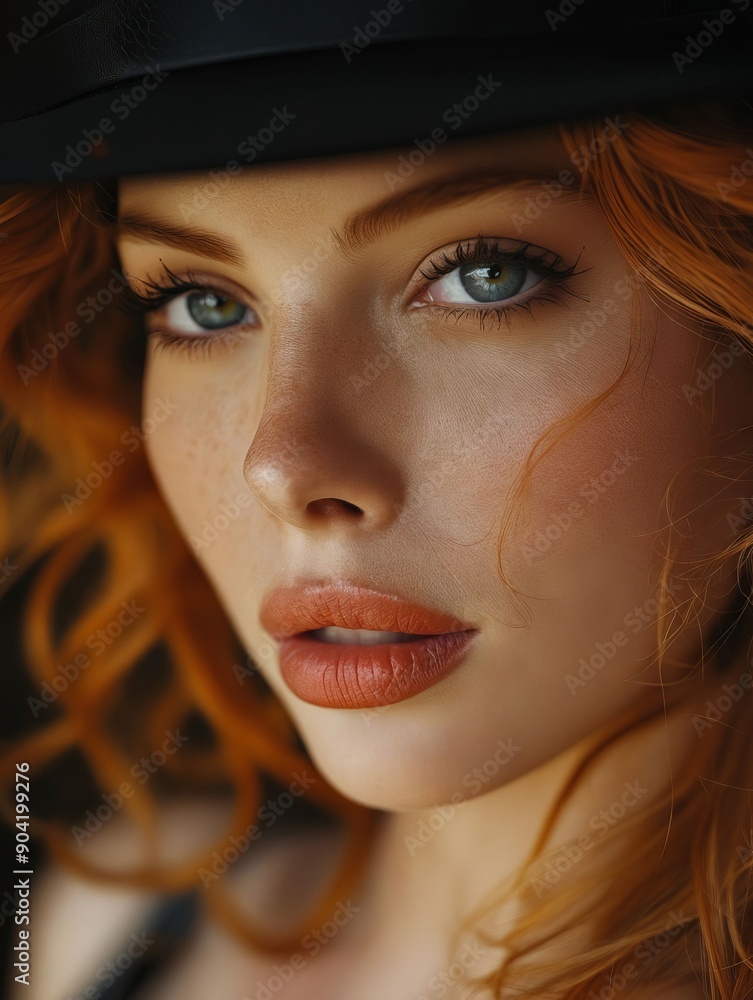 A woman with red hair wearing a black hat A woman with red hair wearing a black hat