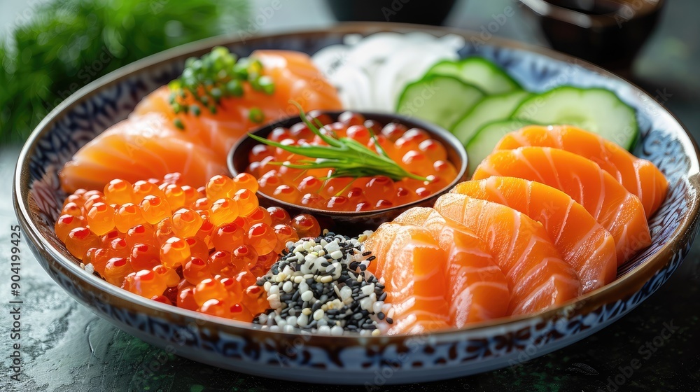 A visually stunning sushi bowl centered around fresh salmon, complemented by a vibrant arrangement of roe and garnishes, exemplifying the elegance and freshness of Japanese culinary tradition. A visually stunning sushi bowl centered around fresh salmon, complemented by a vibrant arrangement of roe and garnishes, exemplifying the elegance and freshness of Japanese culinary tradition.