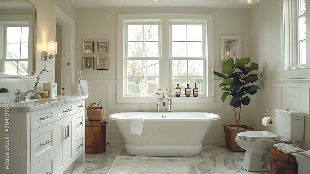 Fototapeta premium A transitional bathroom with a freestanding tub, marble vanity, polished chrome fixtures, soft lighting, and a mix of modern and traditional design elements, hd quality, natural look. --ar 16:9 --v 6.
