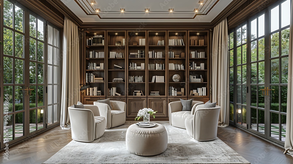 Transitional Library Ideas A transitional home library with built-in shelves, cozy reading chairs ...