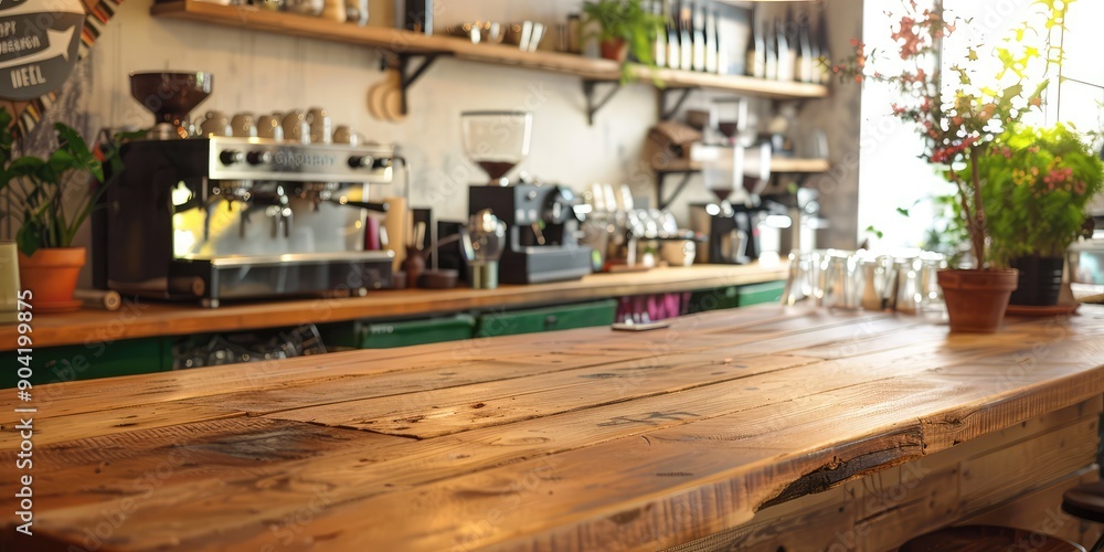An empty wooden table behind the counter in a cafe. AI generation. An empty wooden table behind the counter in a cafe. AI generation.