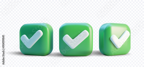 3D illustration of three green checkmark icons on a transparent background, perfect for user interface design, approval symbols, and confirmation graphics. 3d yes sign. Green official tick button.