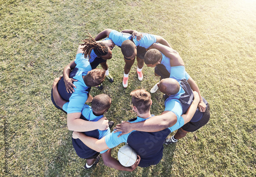 Konstfotografi Rugby, men and huddle of team with fitness, motivation and pride in competitive game
