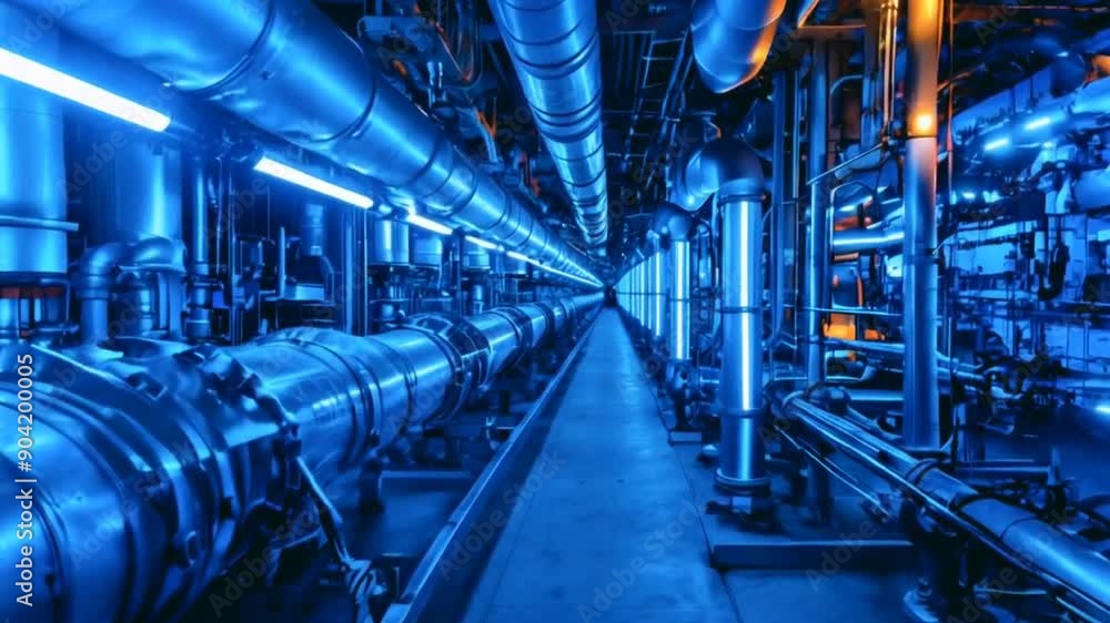 Intricate network of steel pipelines and industrial equipment within a colossal manufacturing plant Intricate network of steel pipelines and industrial equipment within a colossal manufacturing plant
