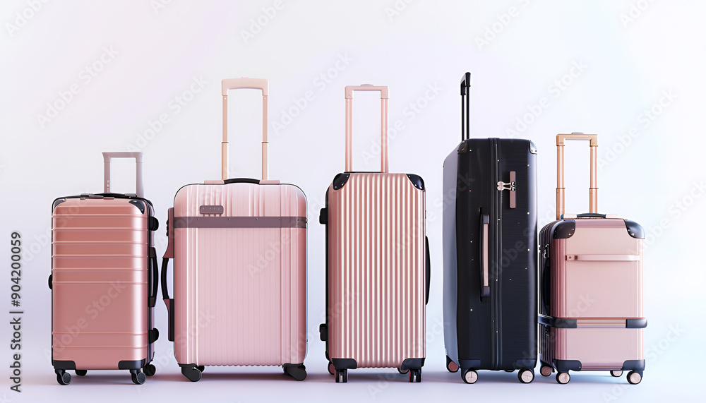 Elegant Travel Luggage Collection in Various Sizes and Colors Isolated on white background Elegant Travel Luggage Collection in Various Sizes and Colors Isolated on white background