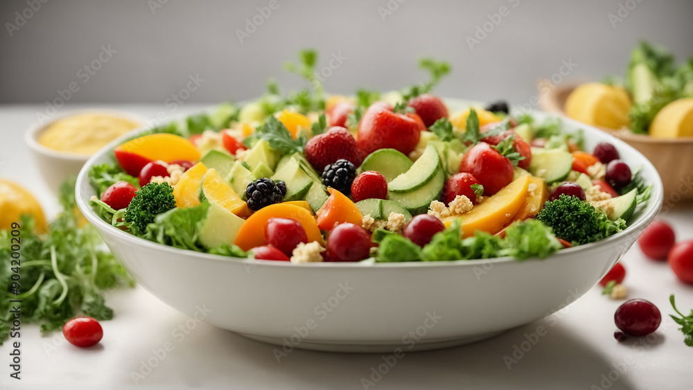 Vegetables and fruits in bowl. Salad bar for healthy meal. Vegetarian dish. Healthy food on white background Vegetables and fruits in bowl. Salad bar for healthy meal. Vegetarian dish. Healthy food on white background