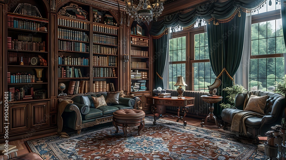 A Victorian home library with dark wooden bookshelves, rich fabrics, intricate wallpaper, antique furniture, a grand chandelier, and elegant drapes, creating a luxurious and inviting reading nook, A Victorian home library with dark wooden bookshelves, rich fabrics, intricate wallpaper, antique furniture, a grand chandelier, and elegant drapes, creating a luxurious and inviting reading nook,