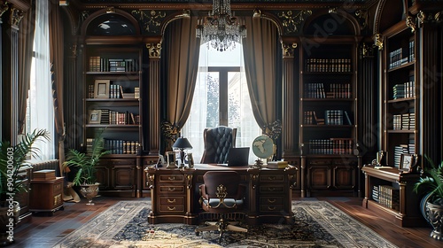 A Victorian office space with a dark wooden desk, leather chair, intricate wallpaper, antique bookshelves, a grand chandelier, and elegant drapes, creating a luxurious and sophisticated atmosphere,