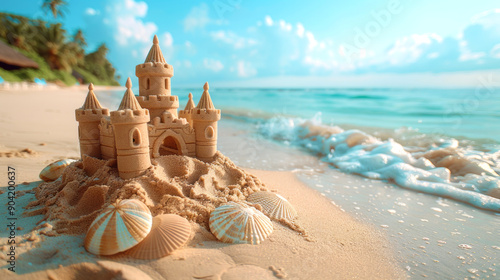 A beautifully crafted sandcastle standing by the sea with a bright blue sky in the background. Ideal for beach vacation promotions, summer content, or creative sand art inspiration