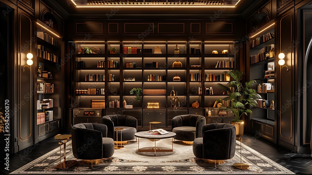 An art deco home library with sleek black shelves, velvet armchairs, gold accents, geometric wallpaper, elegant lighting, and a luxurious, sophisticated atmosphere, hd quality, natural look. An art deco home library with sleek black shelves, velvet armchairs, gold accents, geometric wallpaper, elegant lighting, and a luxurious, sophisticated atmosphere, hd quality, natural look.
