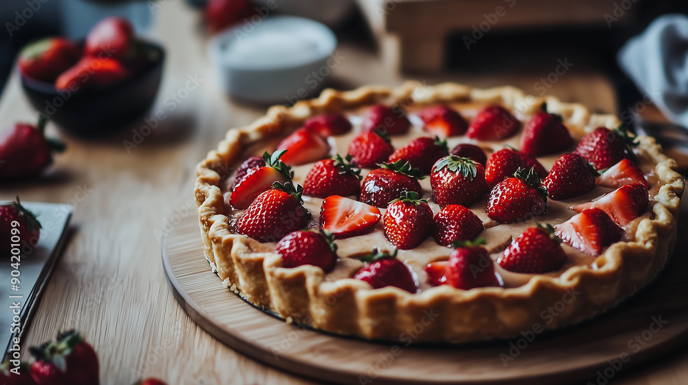 Cinematic photo of a strawberry tart on a wooden table, with strawberries around the base and top of the tart, with soft lighting Cinematic photo of a strawberry tart on a wooden table, with strawberries around the base and top of the tart, with soft lighting