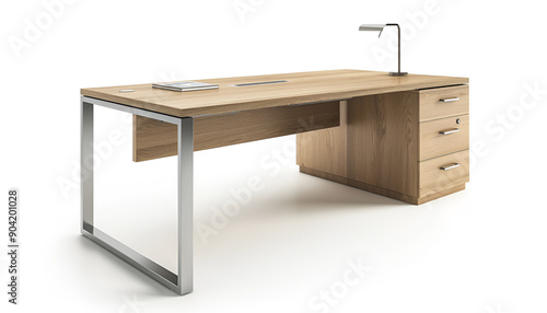 Modern Office Desk with Light Wood Top and Metal Legs Isolated on white background