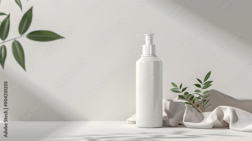 Minimalist Product Mockup with White Bottle and Green Leaves Minimalist Product Mockup with White Bottle and Green Leaves