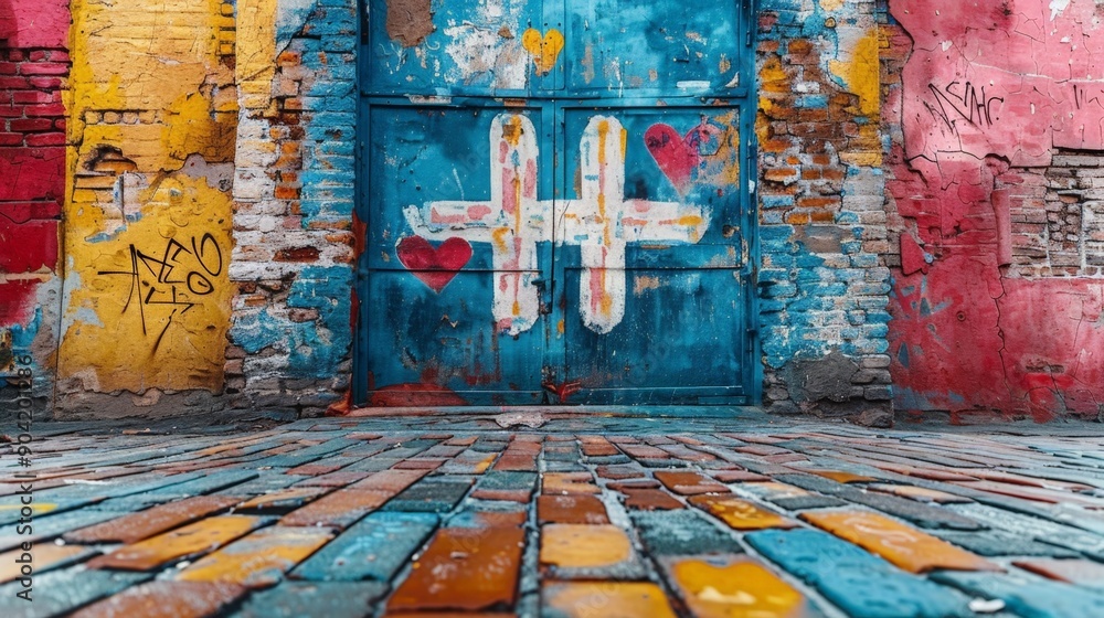 A vibrant, weathered doorway with graffiti, flanked by colorful, peeling walls on a cobblestone street. This urban scene captures the charm and texture of city life. A vibrant, weathered doorway with graffiti, flanked by colorful, peeling walls on a cobblestone street. This urban scene captures the charm and texture of city life.