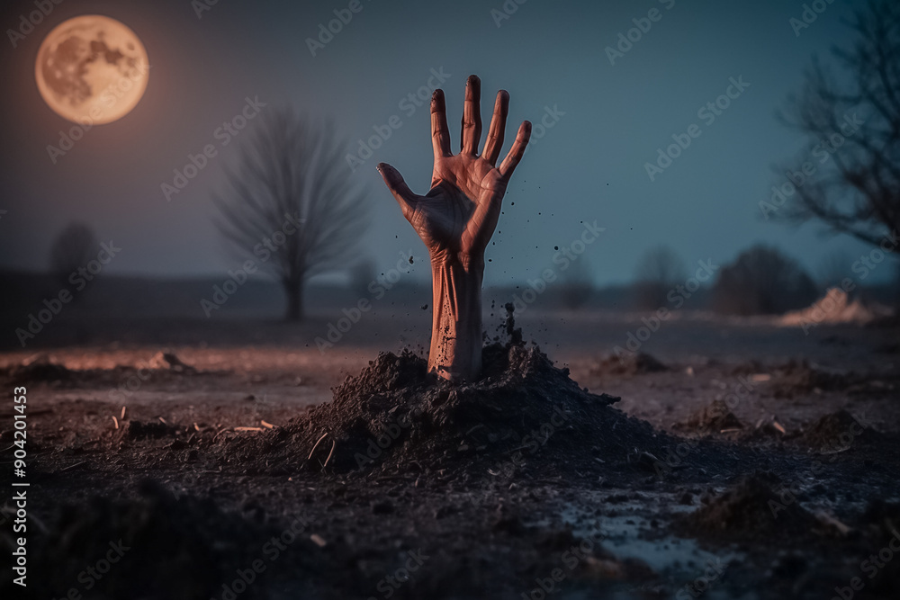 a lifeless hand bursting forth from the dark, damp soil on a spooky Halloween night, illuminated by an eerie moonlight