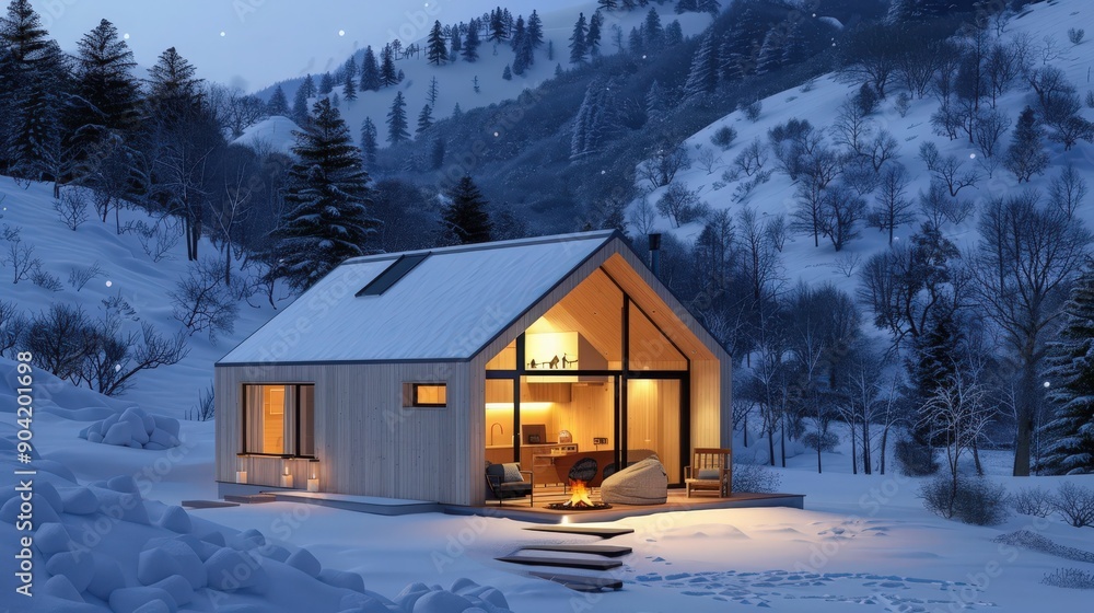 Cozy winter cabin illuminated at night, surrounded by snow-covered mountains and pine trees, creating a serene, peaceful atmosphere. Cozy winter cabin illuminated at night, surrounded by snow-covered mountains and pine trees, creating a serene, peaceful atmosphere.