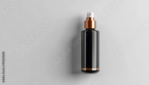 Black Spray Bottle with Gold Accents on a Grey Background