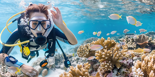 A diver interacts with colorful fish and coral, enjoying the underwater beauty in a tropical paradise under bright sunlight.