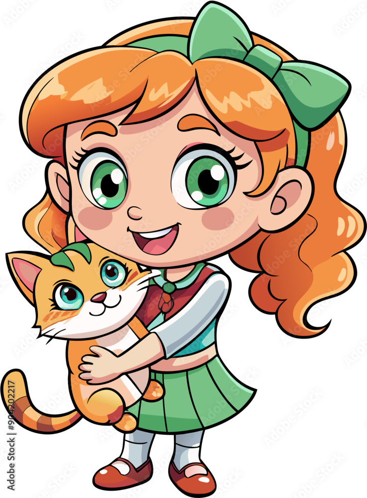 Naklejka premium Cheerful girl with big eyes with a kitten ESP vector drawing, girl with a kitten on a transparent background
