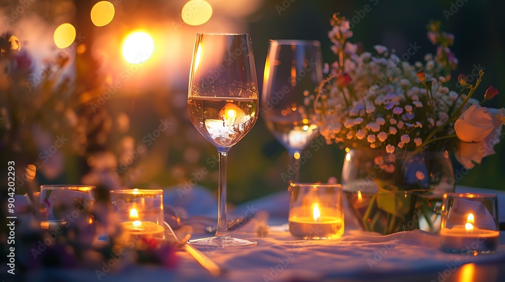 Wine glasses and candles on table, flowers in vases, soft evening light, blurred background, romantic ambiance, professional photo. Wine glasses and candles on table, flowers in vases, soft evening light, blurred background, romantic ambiance, professional photo.