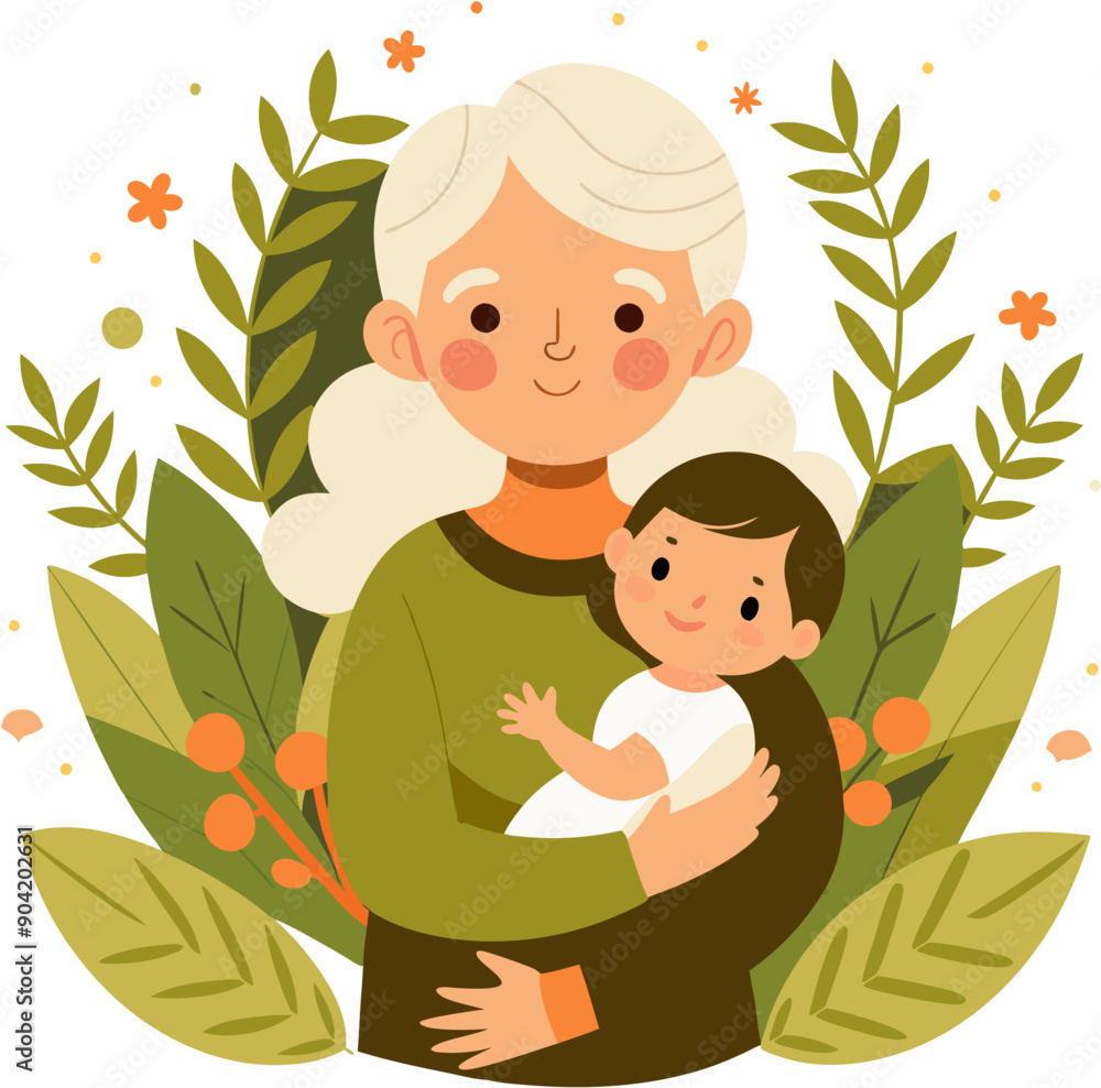 Grandmother holds baby in her arms vector on white background, elderly woman with child, Grandmother holds baby in her arms vector on white background, elderly woman with child,