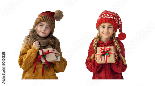 Little girl wearing a Christmas hat and a gift box in her hand 