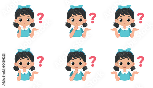 cute girl show different confused expressions with question mark 