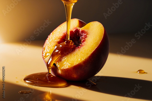 Half a Peach Drenched in Golden Honey. Tempting and Juicy Delicacy Illuminated by Warm Light, Perfect for Sensual and Culinary Themes