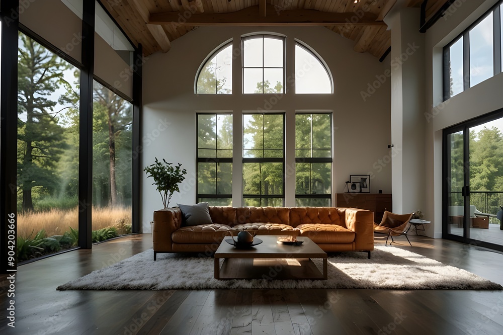 Fototapeta premium A loft living room where a large, open layout is enhanced by a minimalist window and coffee table.