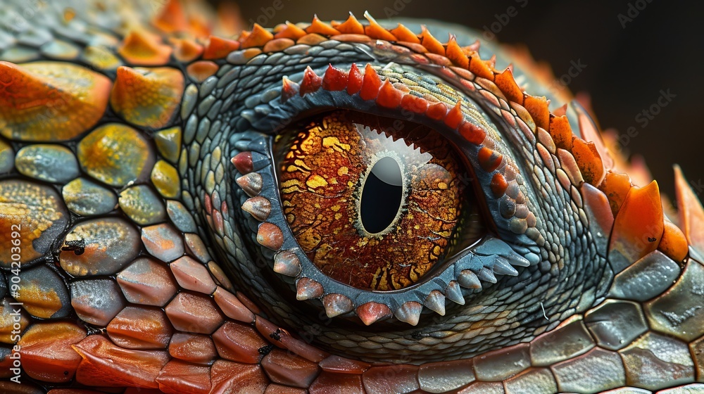 Fototapeta premium Detailed macro photograph of a lizard scales and eye showing its complex textures and colors viewed from above