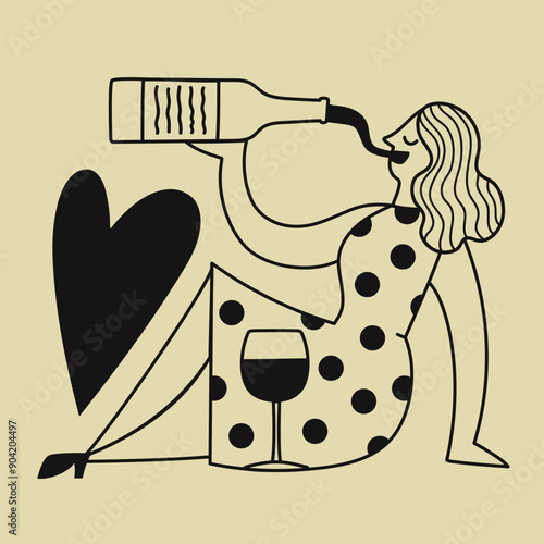 Vector black outline doodle style illustration with a woman drinking wine from a bottle. Big heart and glass. Funny restaurant, bar and home wall decoration poster, apparel print design