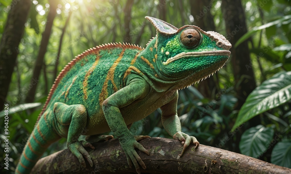 Close-Up of Chameleon Resting on branch in Lush Jungle Dense Wild Tropical Forest environment Close-Up of Chameleon Resting on branch in Lush Jungle Dense Wild Tropical Forest environment