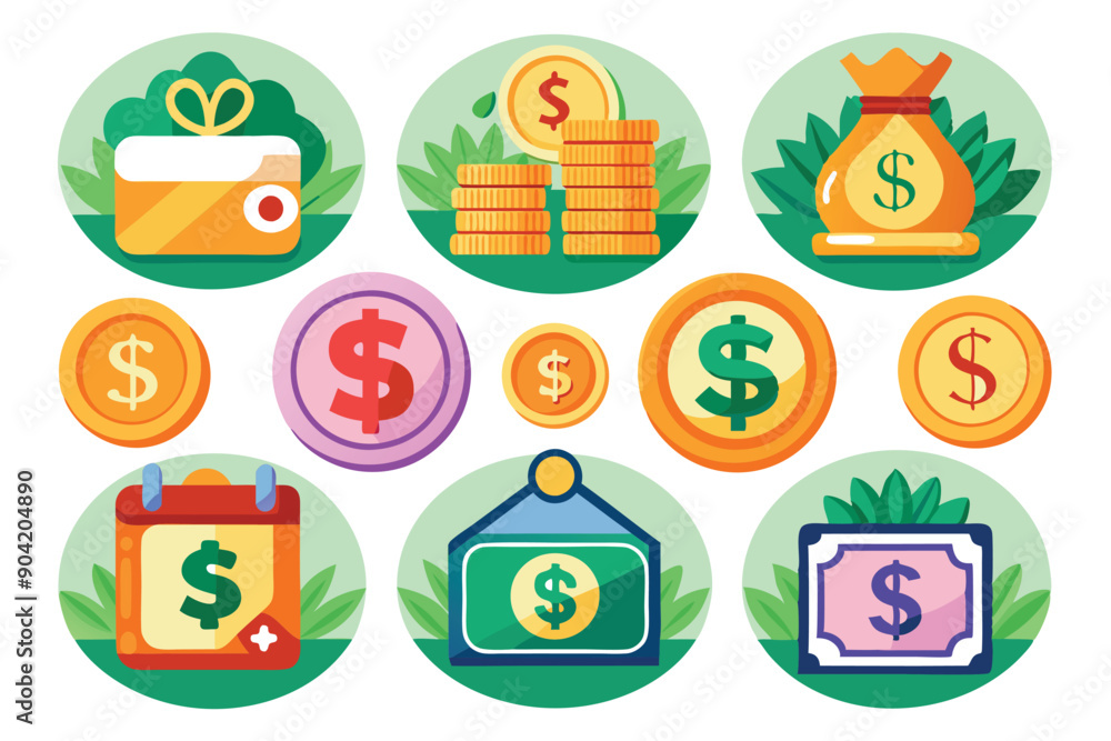 Colorful Circular Icons Depicting Various Methods of Earning and Saving Money Colorful Circular Icons Depicting Various Methods of Earning and Saving Money