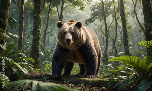 Strong Majestic Powerful Impressive Brown Bear hunts in Dense Wild Forest Habitat