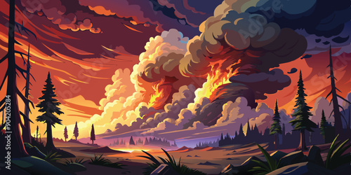 Against the backdrop of a fiery sunset, billowing clouds of smoke rise ominously into the darkening sky, signaling the dangerous intensity of a raging forest blaze VECTOR ART ILLUSTRATION.