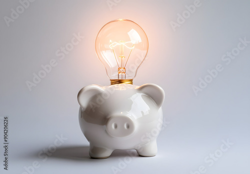 "White Piggy Bank with Light Bulb Above on White Background"