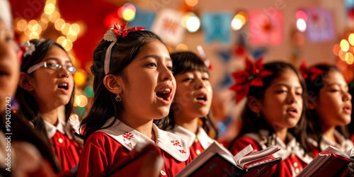 Joyful Christmas Carols singing latino Girl at School or Church Event