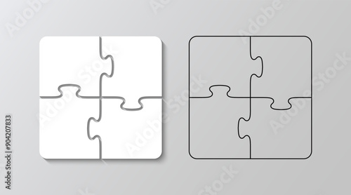 Jigsaw grids filled and outline. Puzzle pieces set. Scheme for thinking game. Simple mosaic background with separate details. Cutting template. Vector illustration.