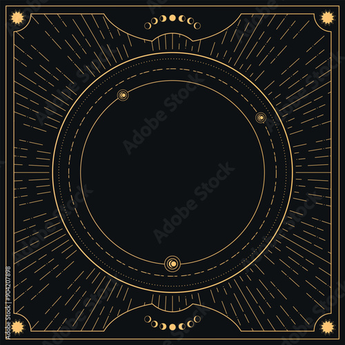 Celestial golden colored background with sunbeams and empty space for text. Decorated with star and moon symbols. Vector illustration