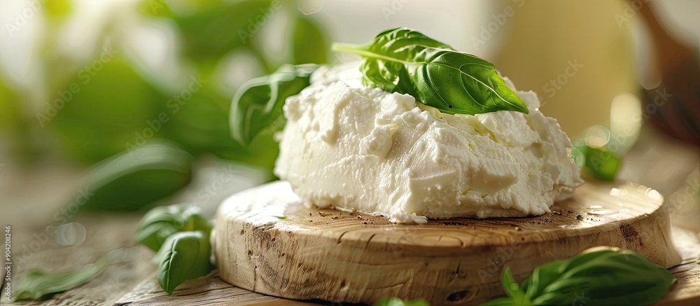 Wooden table presenting fresh ricotta cream cheese and basil in a closeup shot with available copy space image Wooden table presenting fresh ricotta cream cheese and basil in a closeup shot with available copy space image