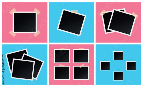 Photo frames collage set. Blank instant photos on pink and blue backgrounds. Vector illustration