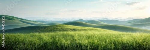 A vast grassland, gentle hills rolling under a pale blue sky with faint light. No visible sun, just a soft illumination.