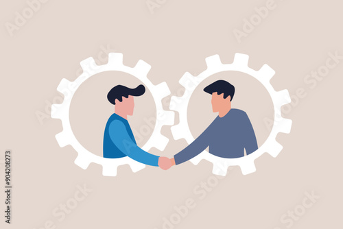 Business negotiation, deal making or acquisition, merger vector concept. Two men shaking hands. Minimal design. Eps10 illustration