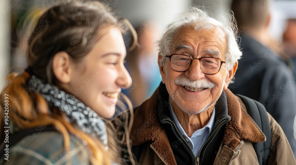 A joyful interaction between an elderly man with glasses and a young woman outdoors, both smiling warmly in a candid moment. A joyful interaction between an elderly man with glasses and a young woman outdoors, both smiling warmly in a candid moment.