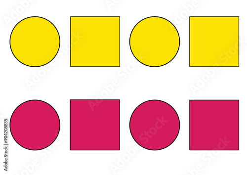 Circles and squares as bullets in the colors yellow and red-purple in 2d and 3d