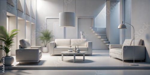 The image showcases a modern living room with a minimalist design, featuring a white sofa, a coffee table, a potted plant, and a large window with a view of the mountains. Generate AI	
